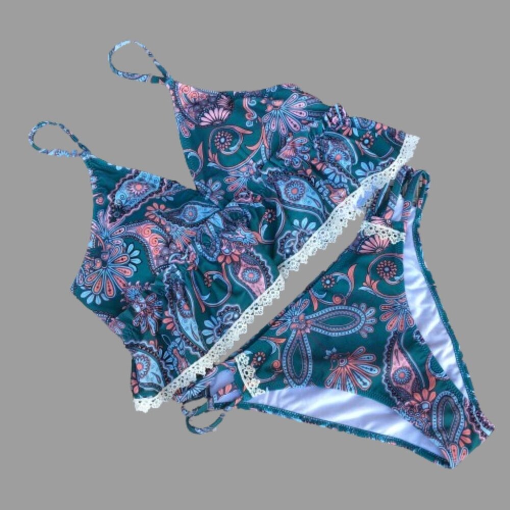 Cupshe Tankini 2pc Swimsuit Teal Green Floral Ruffle Boho